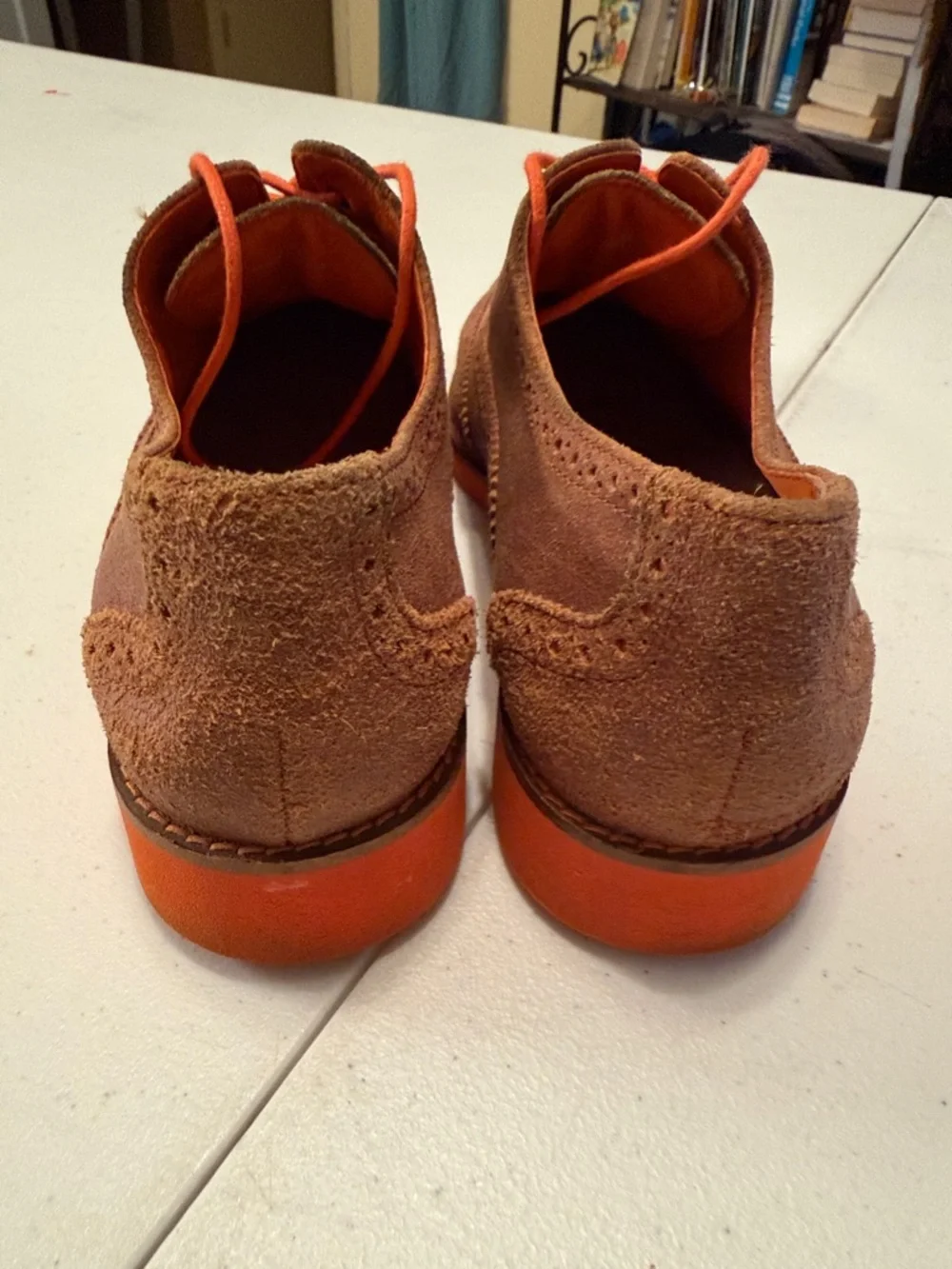 Cole Haan Brown Suede Wingtip Oxfords with Orange Laces